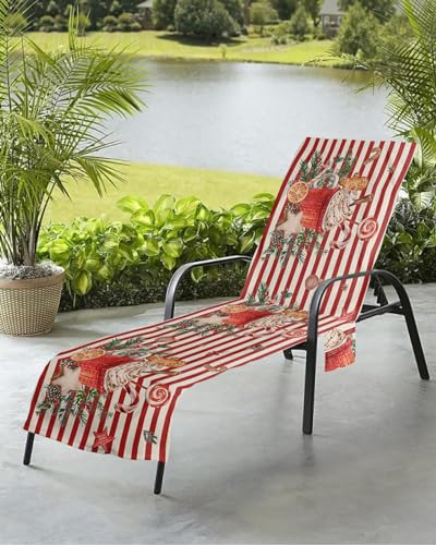 Christmas Beach Chair Towel Covers for Chaise Lounge with Side Pocket, Soft Plush Pool Towels Cover for Patio Sunbathing Outdoor 29''x85'' Farmhouse Red Stripes WInter Berry