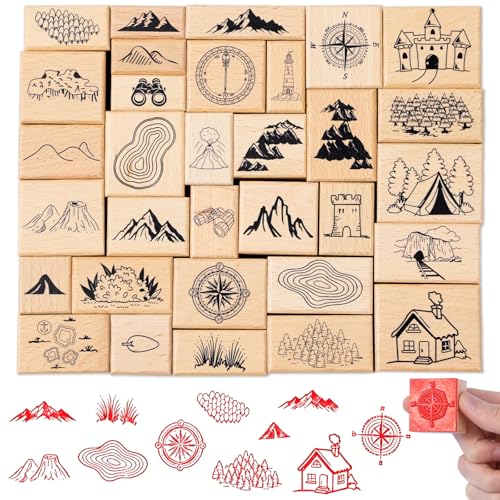 Conderyang 32 Pcs Map Making Rubber Stamp Kit Compass Mountains Forest Trees Wooden Stamp Outdoor Scenery Stamps for RPG Adventures Storytelling Creative Projects DIY Crafts Scrap Booking Supplies
