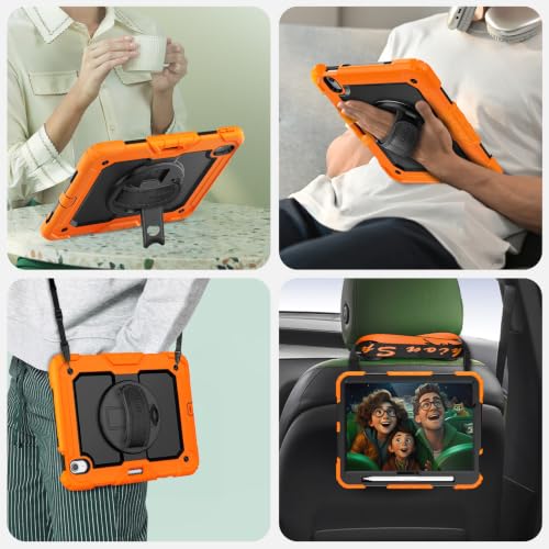 Image of SEYMAC Case for iPad Air 11 Inch M4 /M3 /M2 (2026 /2025 /2024), Orange | Heavy Duty Shockproof Protective, Built-in Screen Protector, 360 Rotating Stand, Hand /Shoulder Strap, Pencil Holder