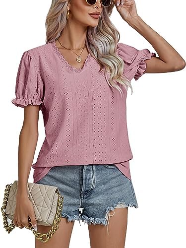 LYANER Women&#39;s Casual Puff Short Sleeve Lace Trim Eyelet V Neck Shirt Blouse Tunic Top