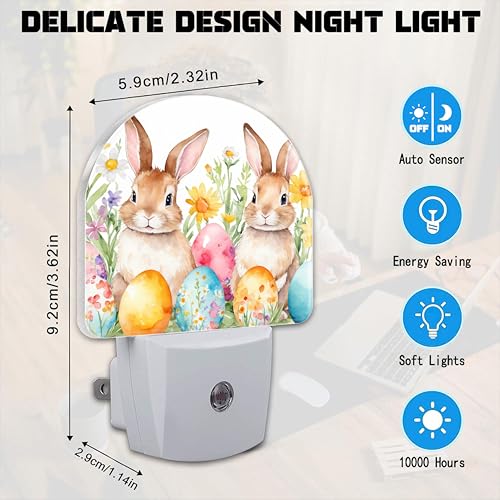 Image of Easter Bunnies and Eggs Night Light for Kids,Cute Easter Rabbit and Flowers Plug in Night Light with Dusk to Dawn Sensor, 0.5w Energy Saving Nightlight for Hallway Stairway Kitchen Bedroom