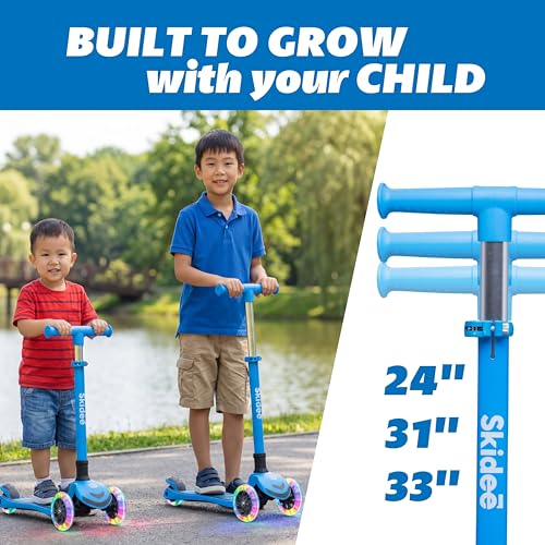 Image of SKIDEE Kick Scooter for Kids Ages 3-5 | Foldable 3 Wheel Scooter with Lean-to-Steer, Adjustable Height, Removable Seat & LED Light Wheels | Toddler Scooter Up to 12 Year Old Boys /Girls