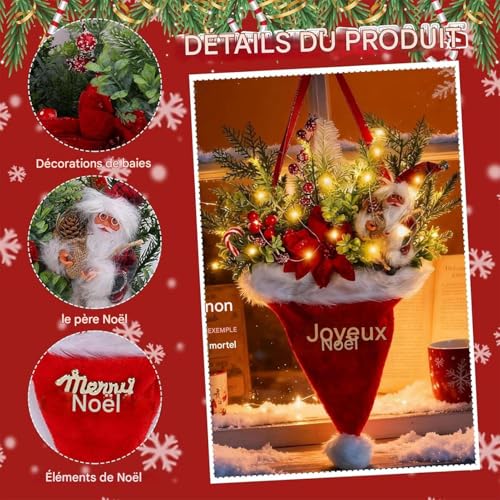 Couronne de Noël grand format 69x38 cm, guirlande lumineuse de haute densité