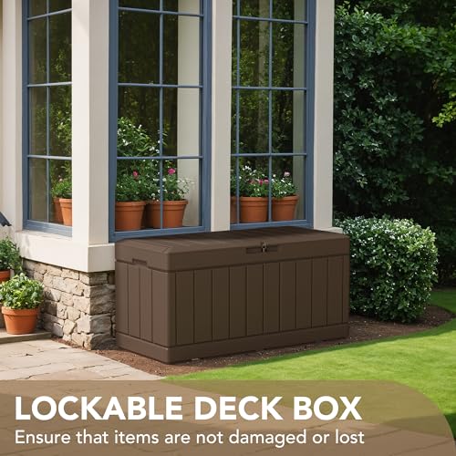 Image of Devoko 85 Gallon Deck Box Lockable Resin Outdoor Storage Box waterproof Outdoor Container for Patio Furniture Cushions, Pillow (Brown)