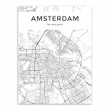Stampa Su Tela Stampa Artistica Su Tela Con Mappa In Bianco E Nero, Stile Nordico, Mappa Della Città, Decorazione Da Parete, Quadro Scandinavo, Arredamento Per La Casa 70X100 Cm, Senza Cornice.