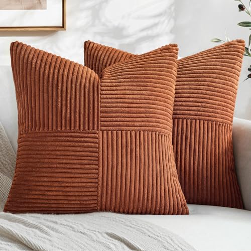 MIULEE Rust Boho Decorative Throw Pillow Covers 18x18 Inch for Couch Bed Sofa Pack of 2, Terracotta Fall Farmhouse Earth Tones Home Decor, Soft Corss Corduroy Patchwork Textured Cushion Cases