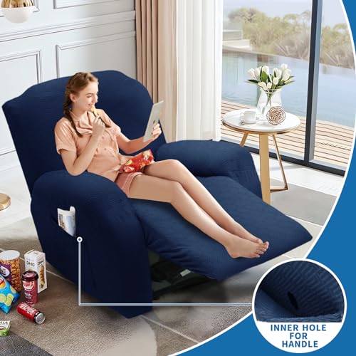 XINEAGE 4-Piece Recliner Cover Stretch Jacquard Slipcover with Pocket, Washable Recliner Chair Protector for Kids, Pets, Dogs, Cats (Navy Blue)