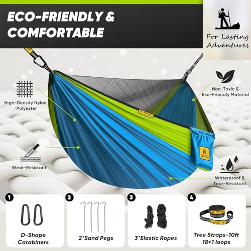 Image of Small Camping Hammock with Mosquito Net, 450 lbs Portable Hammock with Tree Straps, 2-in-1 Double /Single Travel Hammocks, Hammock for Outside /Indoor /Backpacking /Beach - Sky Blue & Green
