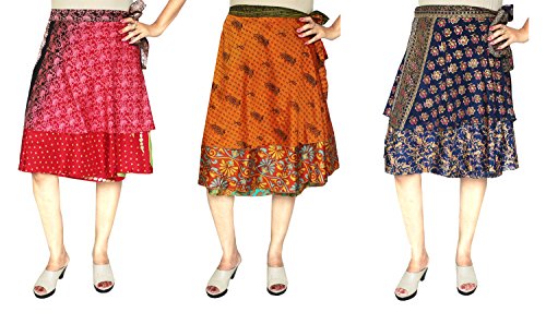Maple Clothing Women's Indian Vintage Silk Sari Magic Wrap Around Boho Skirts Short Two Layers Multicolored Wholesale 3 Pcs Lot