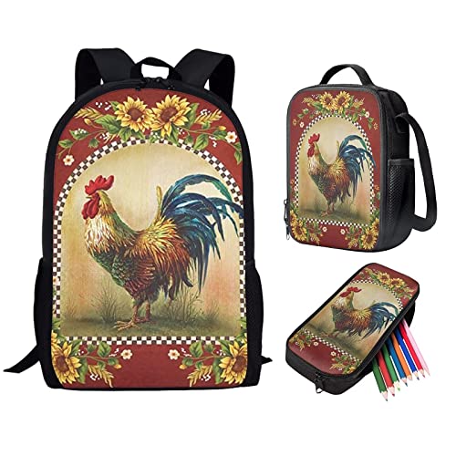3 in 1 borsa per libri per studenti per il pranzo astuccio per matite set da 3 zaino per bambini ragazze ragazzi scolastico Gallo di pollo Taglia unica Zaini Daypack