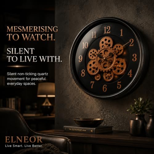 Image of 40cm Moving Gear Clock for Home | Copper Black Mechanical Timepiece