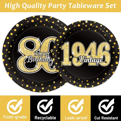 Image of 96PCS 80th Theme Birthday Party Tableware Vintage 1946 Party Supplies 80 Year Old Birthday Decorations Plates Napkins Forks Black and Gold Dinnerware Favors for Men or Women