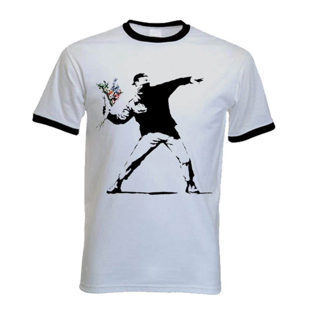 Banksy Flower Thrower Ringer T-Shirt (Small, White)
