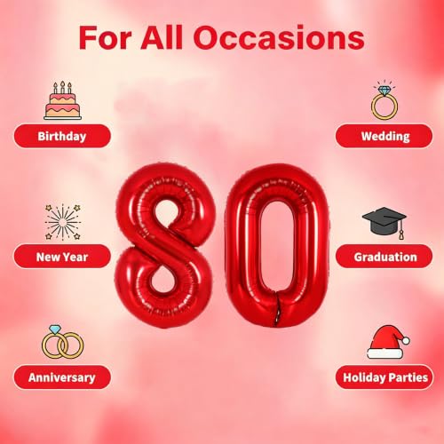 Image of Number Balloons Red Party Balloon - 40 Inch Large Number 80 Balloon, Numbers Balloon Birthday Decorations, Red Party Supplies for Anniversary