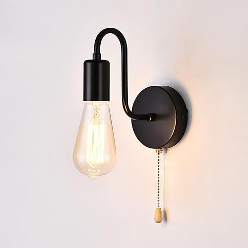 Aplique de pared de cadena vintage con interruptor, lámpara de pared negra, lámpara de pared industrial E26, lámpara de pared industrial con cable