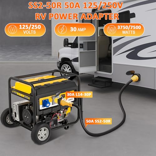 Image of L14-30P to SS2-50R Generator Adapter, 30A 4 Prong Twist Lock Male to 50A Marine Shore Power Female RV Converter, CS6364C Heavy Duty Weatherproof Power Adapter 125 /250V for RV, Camper, Trailer, Yacht