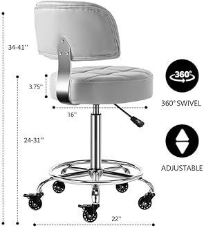 CoVibrant Lockable Stool with Back and Foot Rest Ergonomic Rolling Hydraulic Adjustable Stool for Doctor Esthetician Artist Home Small Office Desk (Grey, 24''-31'')