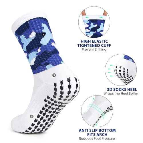 Hiking Camo Sports Socks Camouflage Athletic Non-Slip Socks with PVC Grip Elastic Cushioned Sock for Basketball, Running, Outdoor Activities (3-Pair, White/Gray)3