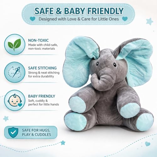 Image of Monex Musical Elephant Plush Toy for Babies & Kids | Peek a Boo Elephant Toy with Flappy Ears | Soft Stuffed Animal Interactive Toy for Toddlers, Infants & Gift Purpose (Blue)