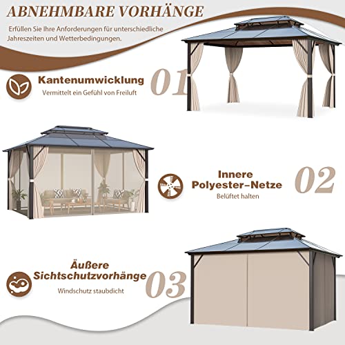 EROMMY 4 X 3 m Pavillon Doppeldach Alu Wasserdicht mit Vorhang-Seitenteile und Netz, Wetterfest Gartenpavillon Stabil Aluminiumrahmen Polycarbonat Partyzelt Hardtop für Garten, Terrasse