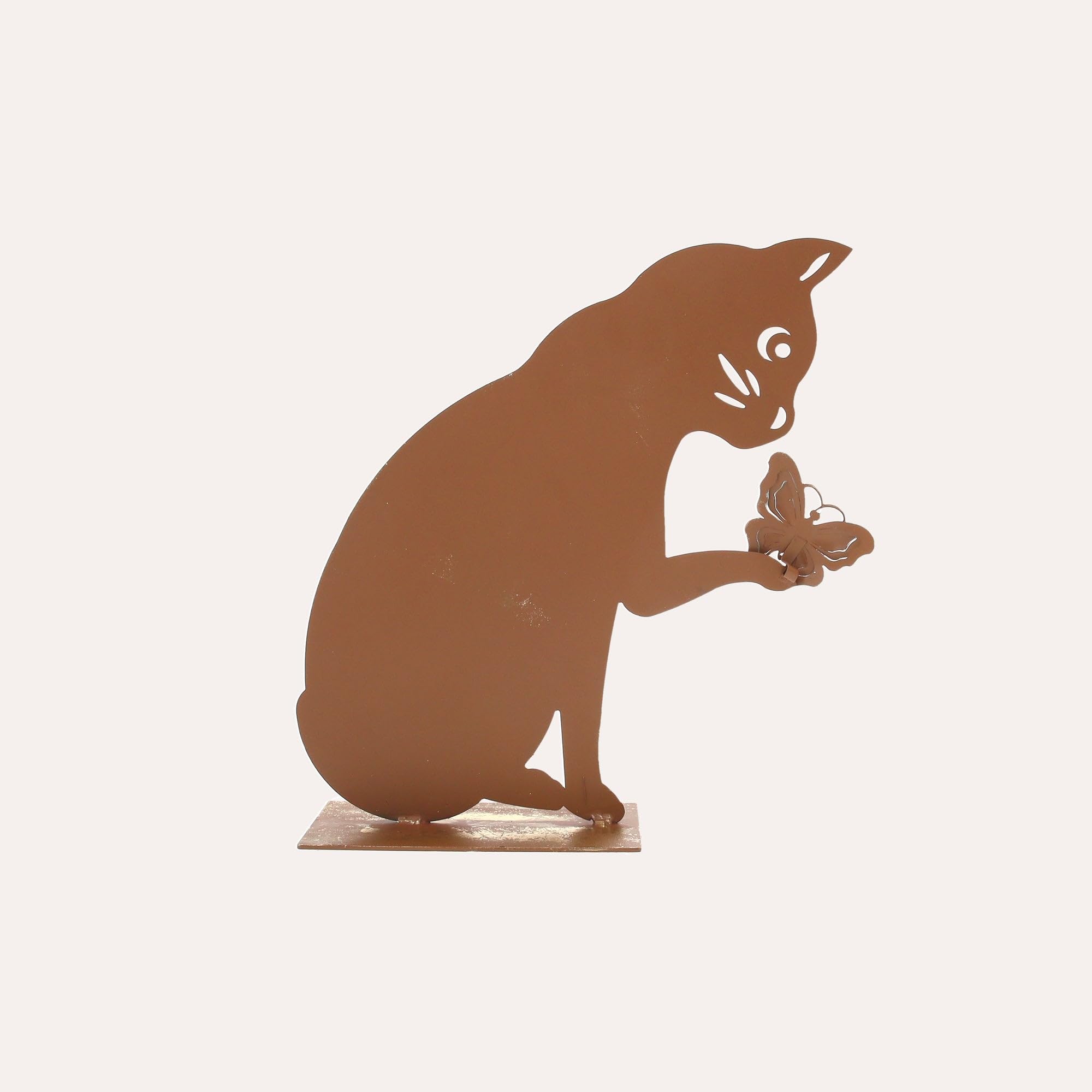 Keyhomestore | Gatto con Farfalla in Ferro Corten Marrone Ruggine (27x28x8 cm)