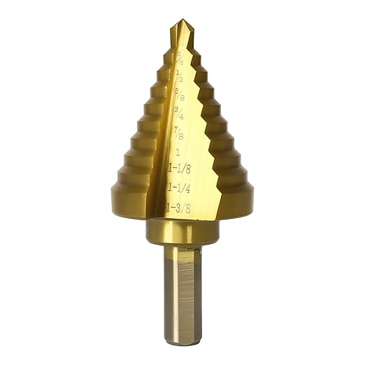 COMOWARE Step Drill Bit for Metal, Titanium Coated, Double Cutting Blades, High Speed Steel, Short Length Drill Bit, Total 10 Sizes from 1/4” to 1-3/8", for Steel Sheets Aluminum Copper Plastic Wood