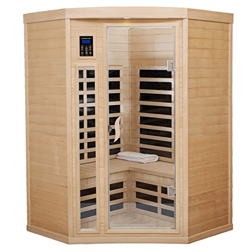Far Infrared Sauna Low EMF Wooden Saunas for Home, 2-3 Person Indoor Home Saunabox, 1600watt Canadian Hemlock Sauna Room with Bluetooth, LCD, 10 Minutes Pre-Warm up