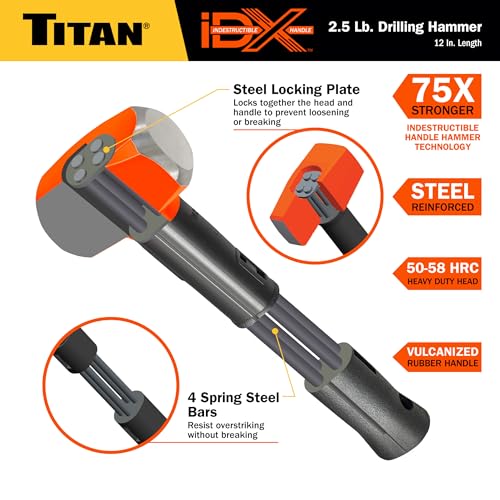 Image of Titan iDX 63612 2.5lb Drilling Hammer, Sledgehammer with 12 inch Indestructible Handle Reinforced with Steel Locking Plates & Steel Bars, Vulcanized Rubber Grip, Overtstrike Protection