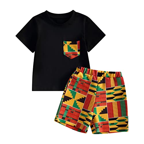 Kids Toddler Boy Summer Clothes Tee Shirt Tops African Graphic Kente Dashiki Ankara Jogger Pants/Shorts Boho Outfit 2 Piece Sets (Black, 6-7 Years)