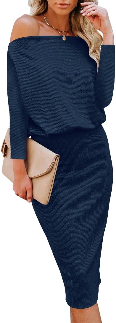 Ezbelle Women's Off The Shoulder 3/4 Sleeve Batwing HIPS-Wrap Pencil Party Sexy Bodycon Midi Dress Loose