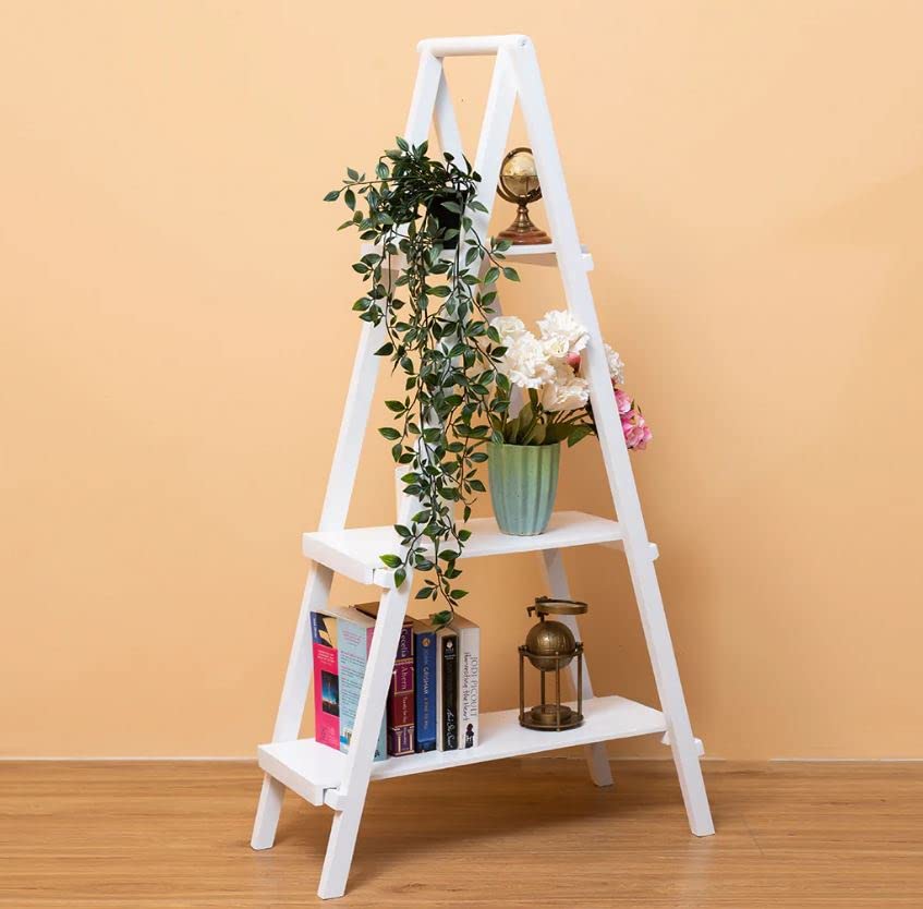 Furniture Bookcase Ladder Shelf & Room Organiser Storage Divider Wood Furniture,Ladder Bookcase Bookshelf Storage Shelf Plant Display Stand Rack, Home Office Furniture, 3 Tier A Frame (White)-image-6
