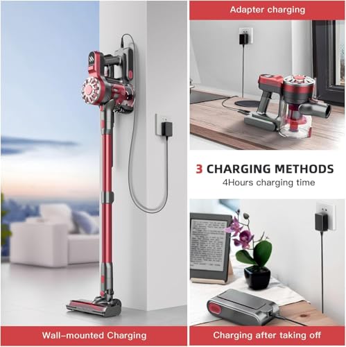 Image of WLOTPO Cordless Vacuum Cleaner for Home, Lightweight Stick Vacuum Cordless Rechargeable with Power Suction, Up to 35 Mins Runtime, Hardwood Floor Vacuum for Pet Hair, Carpets, Tile(Light Red)