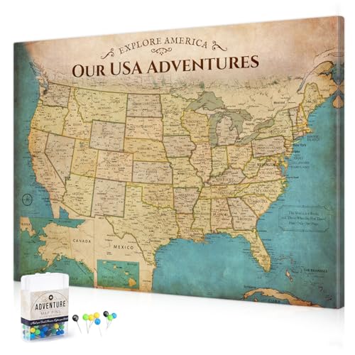 Image of DECORARTS - Oversized Push Pin Travel Map USA, Extra Large US Maps for Wall, Antique Old United States Pin Board Canvas, Giclee Print, Handcrafted in USA, 40x30''