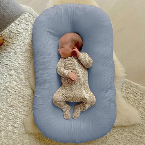 Image of guruixu Muslin Baby Lounger Cover 2 Pack, 100% Cotton Infant Lounger Cover, Soft & Breathable Replacement Slipcover, Compatible with Snuggle Me Newborn Lounger (Tradewinds,Cream)