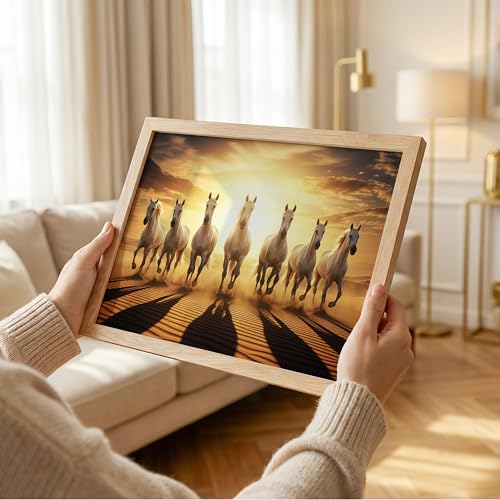 Image of 7 White Horse Vastu Wall Painting - Running Horses Golden Sunrise Desert Framed Wall Art for Living Room & Office Decor (Natural, Design 09, 13x19 Inch)