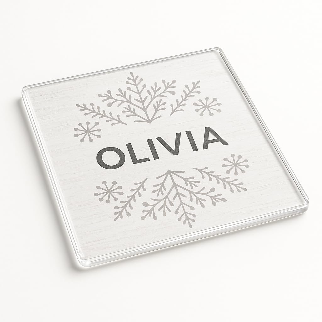 The Plum Penguin Winter Still Personalised Acrylic Coaster Gift For Place Setting Christmas - Elegant Skandi Design With Snowflake Motif Home Decor