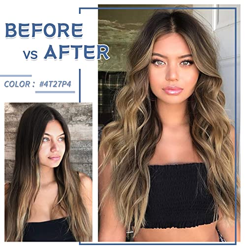 Image of Clip in Hair Extensions Real Human Hair S-noilite #4T4P27 Chocolate Brown to Caramel Blonde Double Weft hair extensions 20 Inch Clip in Real Human Hair for Women Balayage Straight 7PCS 125g