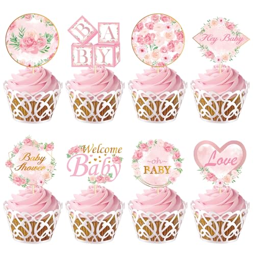 Weecent P049 48 Pcs Pink Floral Baby Shower Cupcake Toppers Oh Baby Party Decorations Rose Gold Party Cake Toppers Baby Girl Birthday Party Cake Decorations cover