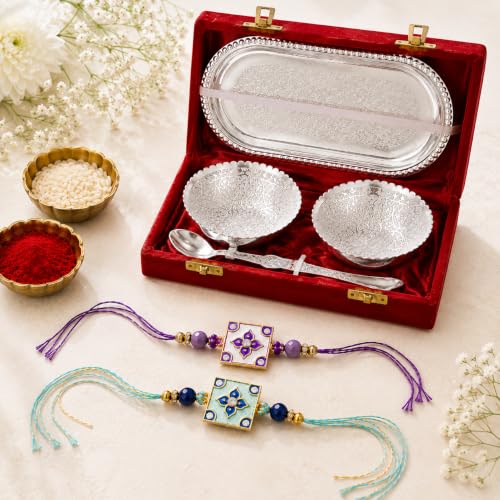 Image of Jaipur Ace Rakhi Gift Hamper for Bhaiya Bhabhi with Silver Plated Bowl Set, Pooja Thali, 2 Designer Rakhis, Roli Chawal, Raksha Bandhan Gift Set for Brother Bhabhi, Premium Rakhi Combo with Red Velvet Box