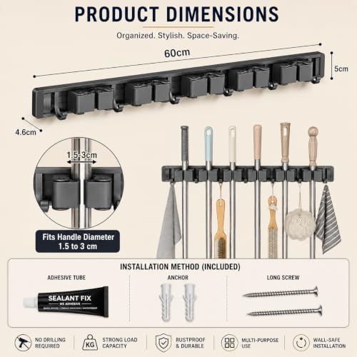 Image of TENOM Broom Holder Wall Mount, Space Aluminium Rust Proof Mop Holder, Broom Stick Holder Wall Mounted with Hooks, Mop Hanger for Kitchen, Bathroom & Home