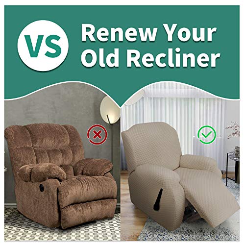 Image of YEMYHOM 4 Pieces Stretch Recliner Slipcover Jacquard Recliner Chair Cover with Side Pocket Anti-Slip Fitted Recliner Cover Couch Furniture Protector with Elastic Bottom (Recliner, Khaki)