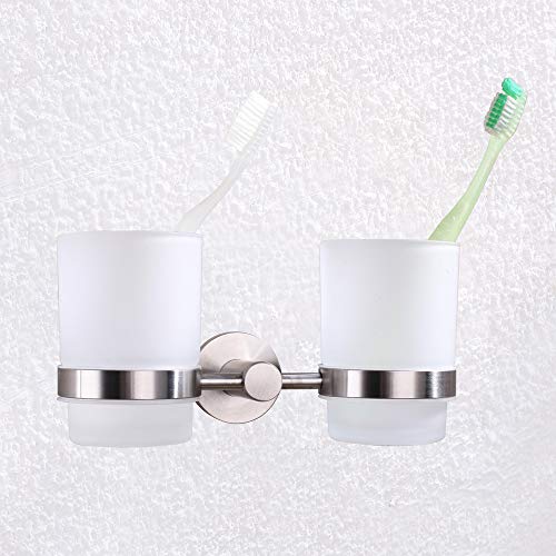 Double Toothbrush Holder, Angle Simple Sus304 Stainless Steel Wall Mounted Glass Tumbler Holder With Frosted Glass Cup Toothpaste Razor Organizer Bathroom Storage, Brushed Nickel #TOP3