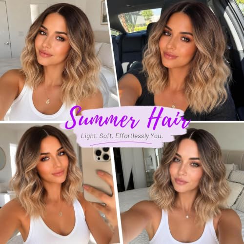 Image of Eawwii Wigs for Women Brown to Honey Blonde,Short Wavy Synthetic Lace Wig