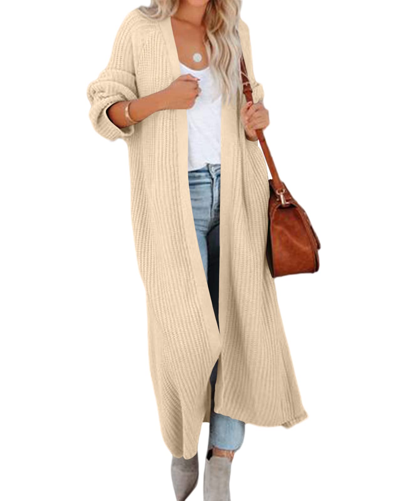 SOMTHRON Women's Open Front Long Cardigan - Cable Knit Maxi Sweater Coat In Cream - View #7