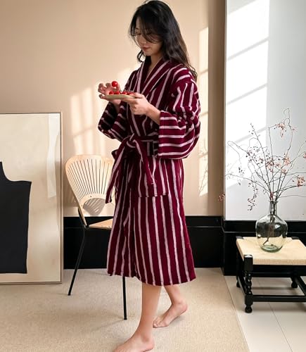 Couples Luxury 100% cotton Terry Cloth Robe，stripe Plush & Absorbent Shawl Collar Long Kimono Robe Spa Bathrobe4