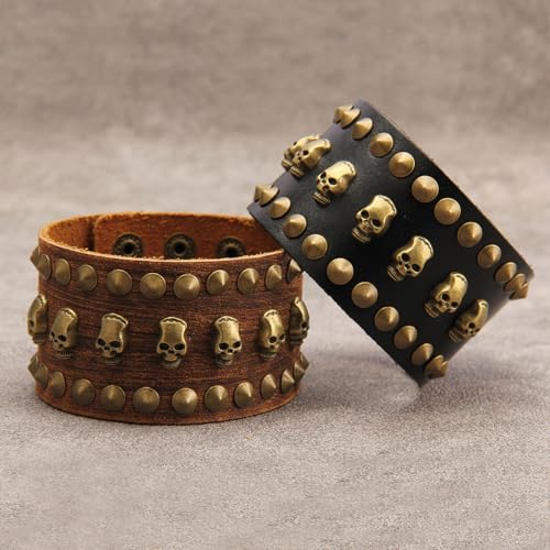 Pulsera de cuero amplia para hombre con detalles punk miniatura 7