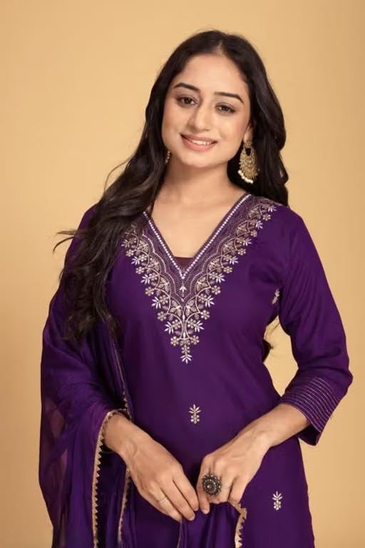 Image of Women's Cotton Blend Embroidered A-Line Kurta Set with Trousers and Silk Dupatta, Purple, Round Neck, 3 /4 Sleeve, Calf Length, Traditional Style