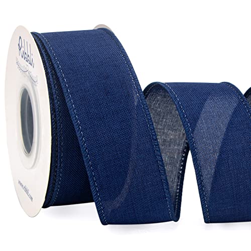 Ribbli Navy Blue Linen Wired Ribbon 1-1/2 Inch x 10 Yard Navy Burlap Wired Ribbon for Wreaths Big Bow Crafts Gift Wrapping Christmas Tree Decoration