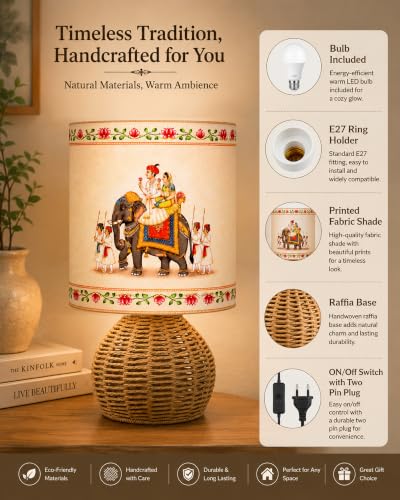 Image of Homesake Handwoven Rattan Table Lamp with Fabric Shade | Boho Bedside Lamp for Bedroom | Decorative Cane Lamp for Living Room | Warm Ambient Lighting | Raffia Round Home Decor, Rajasthani Shade