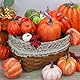 XFLYP 60 Herbst Deko Set, Klein Künstliche Kürbisse Seidenahornblatt Eicheln Tannenzapfen für Herbst Thanksgiving Halloween Dekoration Tischdeko Party-Dekoration DIY Simulationsschaum Kürbis